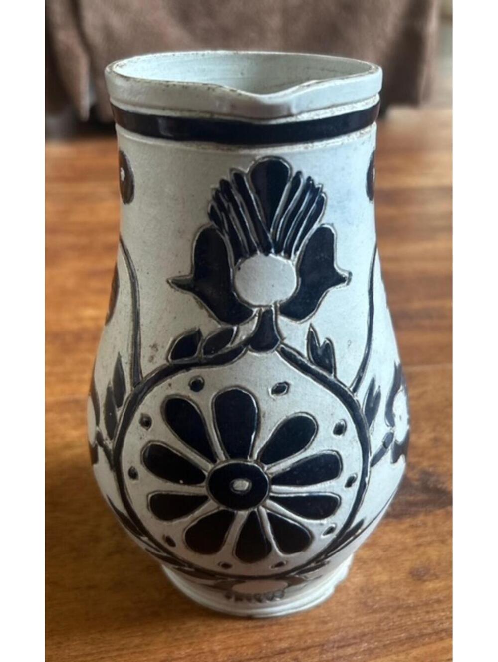 Williamsburg Restoration Vtg Ceramic Pitcher with Black Floral Design